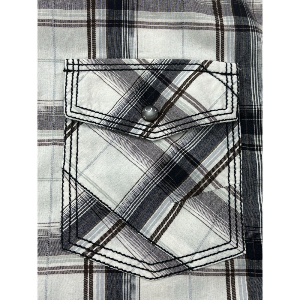 BKE Mens Athletic Fit Western Plaid Pearl Snap Shirt White Black Grey‎ Large - Picture 9 of 16